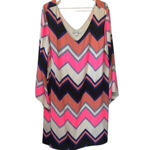 Moa Moa Chevron V-Neck Dolman Mini Dress Hot Pink Navy Blue, XXL